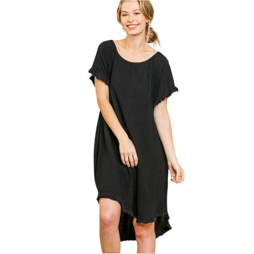 Umgee Linen Cotton Black Frayed Hem Dress  Large Fringed Hem Sleeves High Low